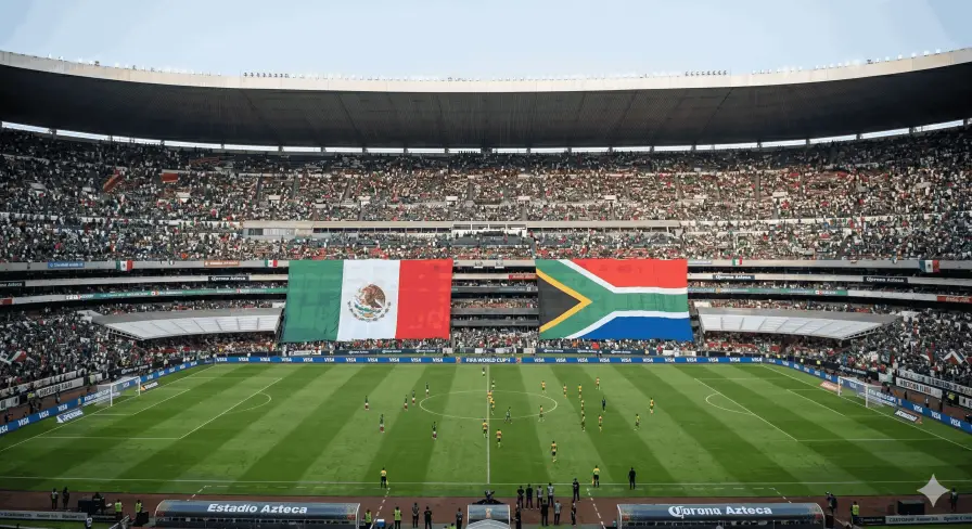 Telt házas Estadio Azteca stadion Mexikó és Dél-Afrika hatalmas zászlóival a 2026-os foci VB nyitómeccsén